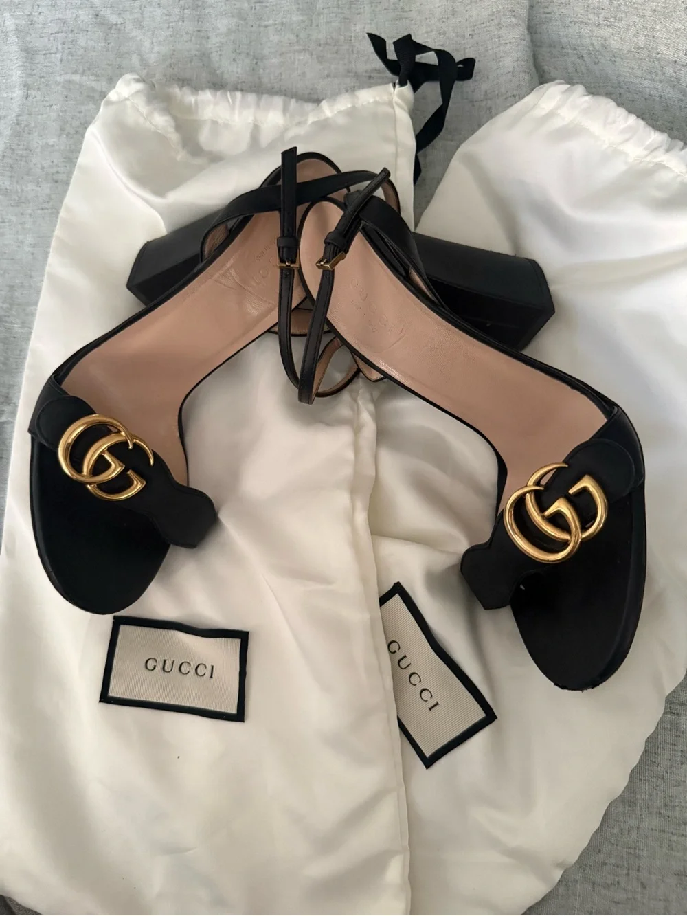 Gucci Black Leather Block Heel Sandals with Gold GG Hardware